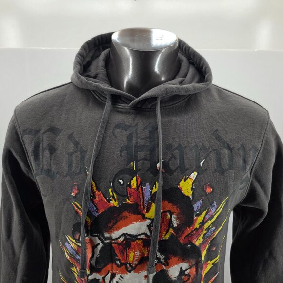 Vintage Ed Hardy Hoodie Love Kill Slowly Skull Tattoo Y2K Gray Size S Small - Picture 3 of 8